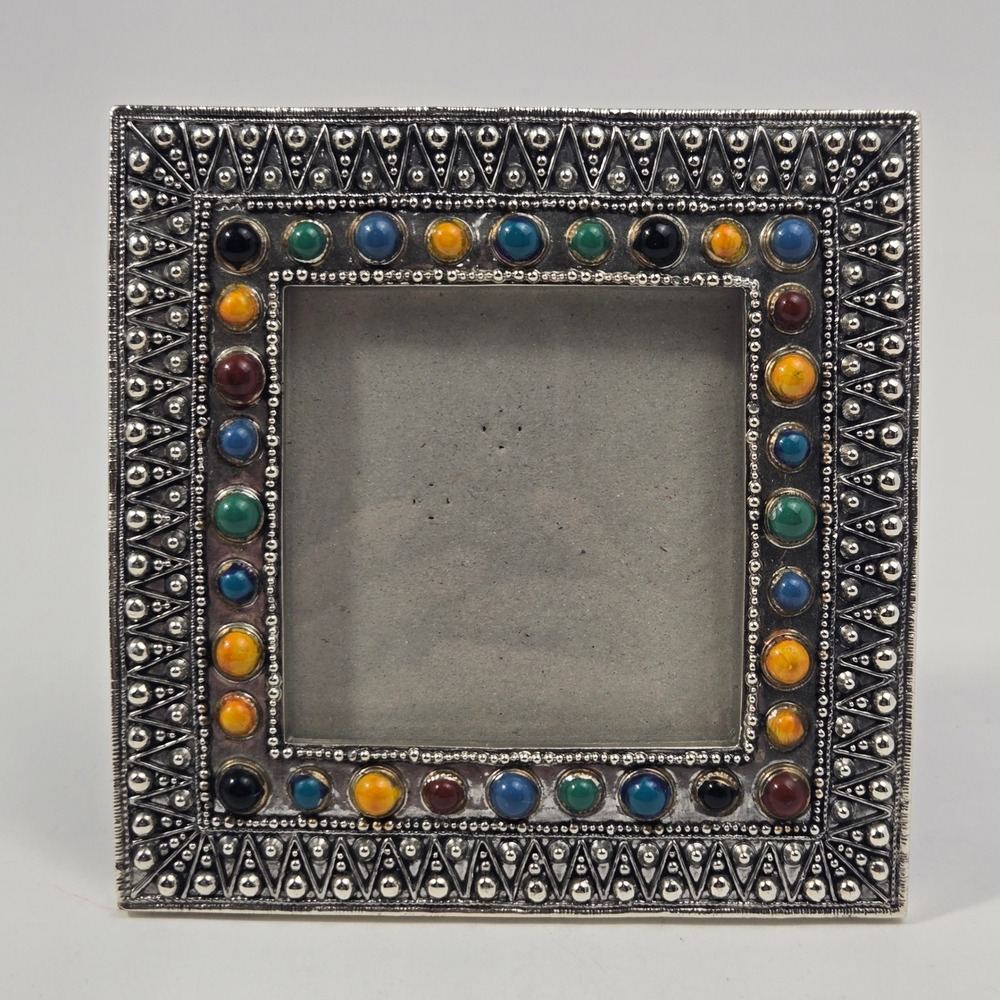 Bohemian Silver Tone Square Photo Frame Multi Color Faux Stone Beaded 5.5in